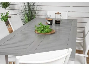 Discount Albany Tuinmeubelset Tafel 90X152/210Cm En 6 Stoel Santorini Wit, Grijs, Cremekleur. Tuinset