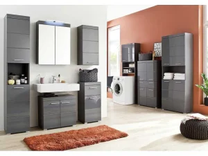 Fashion Amandamandobea Kolomkast 1 Open Vak, 4 Deuren Grijs, Agave Grijs Hoogglans. Badkamerkast