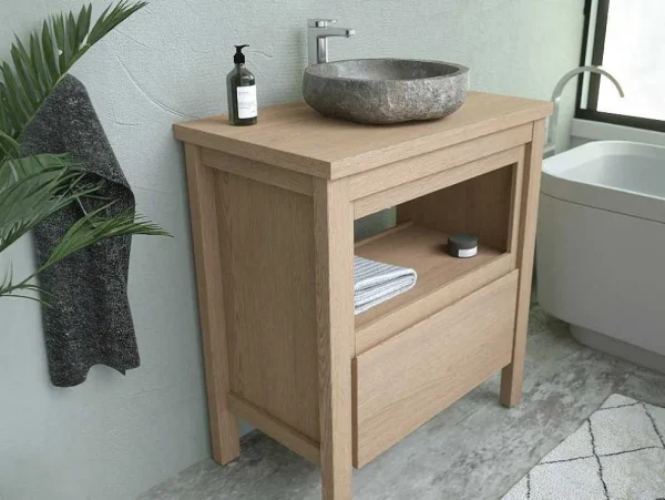 Best Sale Badkamermeubel Met Wastafel Van Steen - Eiken Fineer - 80 Cm - Cosmoti Badkamermeubel Met Enkele Wastafel