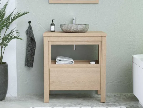 Best Sale Badkamermeubel Met Wastafel Van Steen - Eiken Fineer - 80 Cm - Cosmoti Badkamermeubel Met Enkele Wastafel