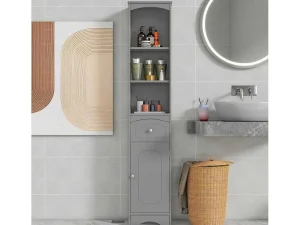 Clearance Badkamerzuil Met 1 Lade En 5 Verstelbare Planken - Grijs - 34 X 24 X 170 Cm Badkamerkast