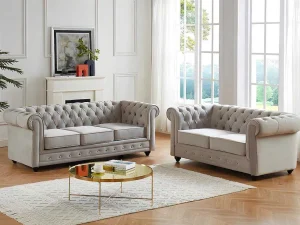 Cheap Bankstel Chesterfield - Fluweel - Lichtgrijs Bankstel 3+2