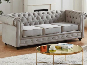 Cheap Bankstel Chesterfield - Fluweel - Lichtgrijs Bankstel 3+2