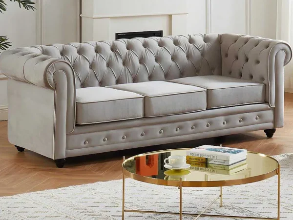 Cheap Bankstel Chesterfield - Fluweel - Lichtgrijs Bankstel 3+2