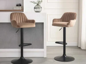 Discount Barkruk Van Velours En Zwart Metaal - Verstelbare Hoogte - Beige - Eleana Barkruk