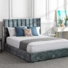 Clearance Bed 140 X 190 Cm Met Hoofdbord Met Verticale Stiksels - Velours - Groenblauw + Matras - Feroya Fluwelen Bed