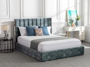 Clearance Bed 140 X 190 Cm Met Hoofdbord Met Verticale Stiksels - Velours - Groenblauw + Matras - Feroya Fluwelen Bed
