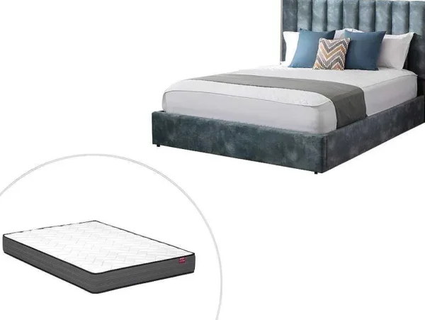Clearance Bed 140 X 190 Cm Met Hoofdbord Met Verticale Stiksels - Velours - Groenblauw + Matras - Feroya Fluwelen Bed