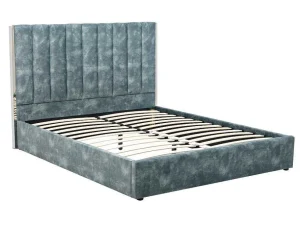 Clearance Bed 140 X 190 Cm Met Hoofdbord Met Verticale Stiksels - Velours - Groenblauw + Matras - Feroya Fluwelen Bed
