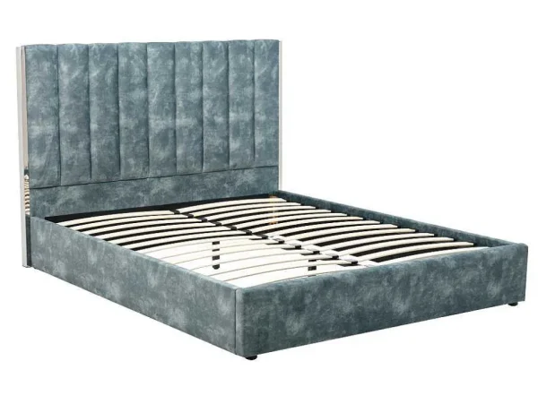 Clearance Bed 140 X 190 Cm Met Hoofdbord Met Verticale Stiksels - Velours - Groenblauw + Matras - Feroya Fluwelen Bed