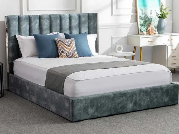 Clearance Bed 140 X 190 Cm Met Hoofdbord Met Verticale Stiksels - Velours - Groenblauw + Matras - Feroya Fluwelen Bed
