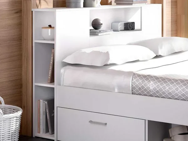 Best Sale Bed Leandre Met Hoofdeinde, Opbergruimte En Lades - 160 X 200 Cm - Kleur: Wit Tweepersoonsbed