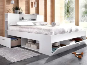 Best Sale Bed Leandre Met Hoofdeinde, Opbergruimte En Lades - 160 X 200 Cm - Kleur: Wit Tweepersoonsbed