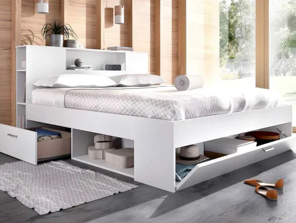 Best Sale Bed Leandre Met Hoofdeinde, Opbergruimte En Lades - 160 X 200 Cm - Kleur: Wit Tweepersoonsbed