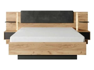 Sale Bed Met Nachtkastjes 160 X 200 Cm - Met Ledverlichting - Kleur: Naturel En Antraciet - Elynia Aanbiedingen: Slaapkamer & Kantoor