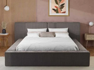 Store Bed Met Opbergruimte 180 X 200 Cm - Ribfluweel - Taupe + Matras - Timano Fluwelen Bed