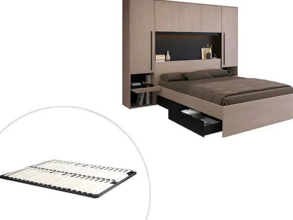 New Bed Met Opbergruimte 160 X 200 Cm - Met Ledverlichting - Kleur: Naturel En Zwart + Bedbodem - Velona Tweepersoonsbed