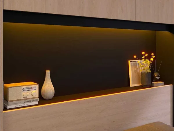 New Bed Met Opbergruimte 160 X 200 Cm - Met Ledverlichting - Kleur: Naturel En Zwart + Bedbodem - Velona Tweepersoonsbed