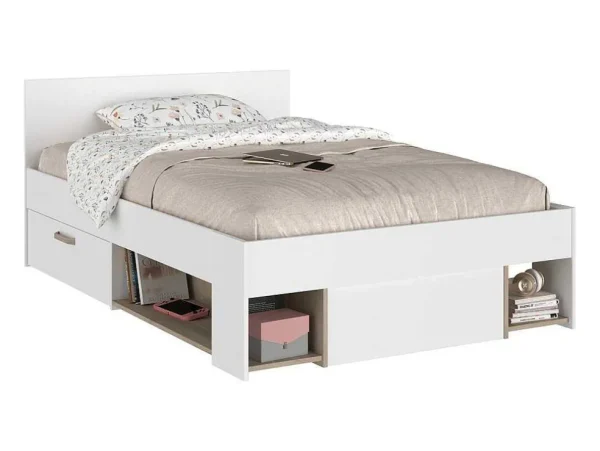 Sale Bed Met Opbergruimte 120 X 190 Cm Wit En Houtlook Kinselia Tweepersoonsbed