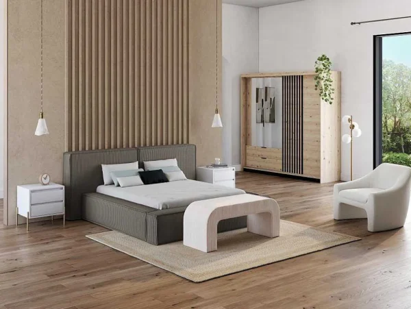 Store Bed Met Opbergruimte 180 X 200 Cm - Ribfluweel - Taupe + Matras - Timano Fluwelen Bed