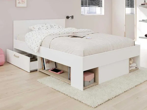 Sale Bed Met Opbergruimte 120 X 190 Cm Wit En Houtlook Kinselia Tweepersoonsbed