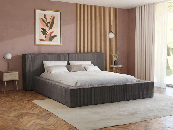 Store Bed Met Opbergruimte 180 X 200 Cm - Ribfluweel - Taupe + Matras - Timano Fluwelen Bed