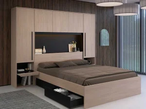 New Bed Met Opbergruimte 160 X 200 Cm - Met Ledverlichting - Kleur: Naturel En Zwart + Bedbodem - Velona Tweepersoonsbed