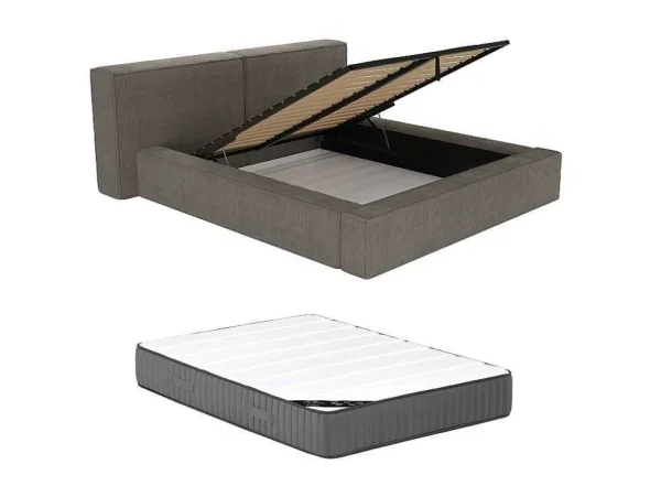 Store Bed Met Opbergruimte 180 X 200 Cm - Ribfluweel - Taupe + Matras - Timano Fluwelen Bed