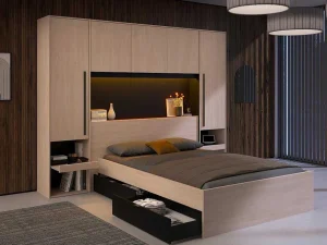 Best Sale Bedkast Met Opbergruimte - Met Ledverlichting - L265 Cm - Kleur: Naturel En Zwart - Velona Hoofdeinde En Brugkast