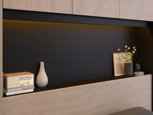 Best Sale Bedkast Met Opbergruimte - Met Ledverlichting - L265 Cm - Kleur: Naturel En Zwart - Velona Hoofdeinde En Brugkast
