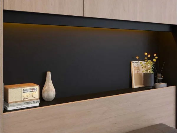 Best Sale Bedkast Met Opbergruimte - Met Ledverlichting - L265 Cm - Kleur: Naturel En Zwart - Velona Hoofdeinde En Brugkast