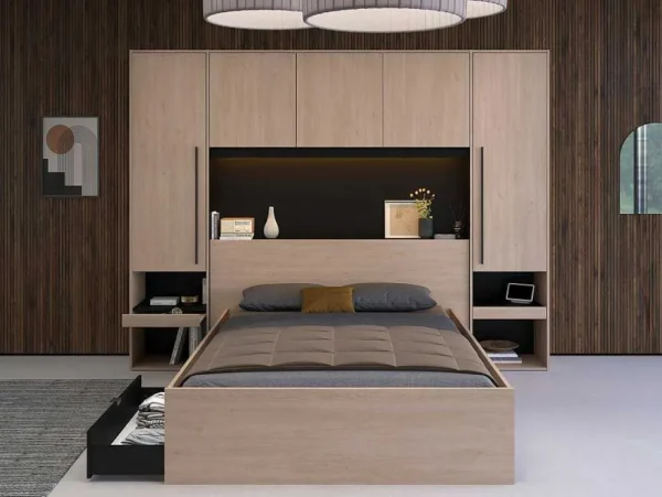 Best Sale Bedkast Met Opbergruimte - Met Ledverlichting - L265 Cm - Kleur: Naturel En Zwart - Velona Hoofdeinde En Brugkast