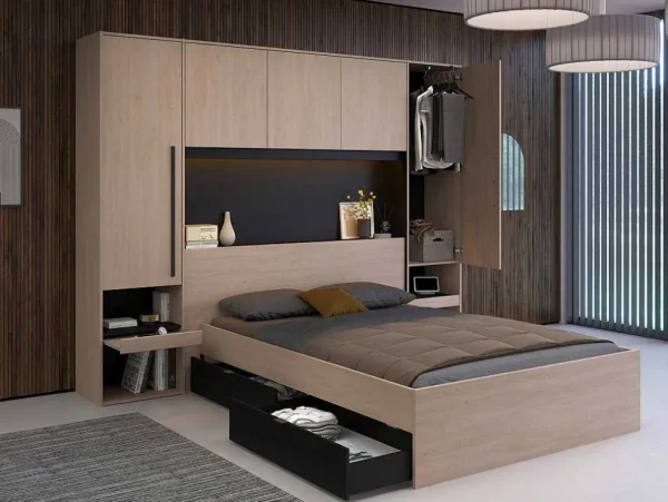 Best Sale Bedkast Met Opbergruimte - Met Ledverlichting - L265 Cm - Kleur: Naturel En Zwart - Velona Hoofdeinde En Brugkast