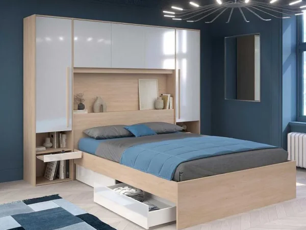 Hot Brugkast Met Opbergruimte - Met Ledverlichting - L265 Cm - Kleuren: Glanzend Wit En Houtlook - Velona Hoofdeinde En Brugkast