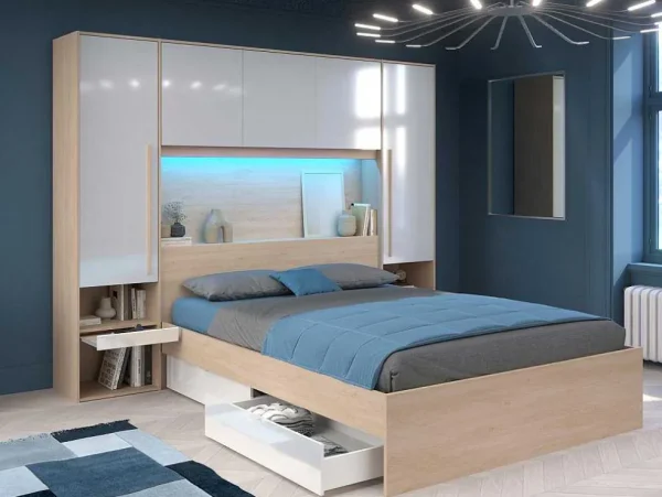 Hot Brugkast Met Opbergruimte - Met Ledverlichting - L265 Cm - Kleuren: Glanzend Wit En Houtlook - Velona Hoofdeinde En Brugkast