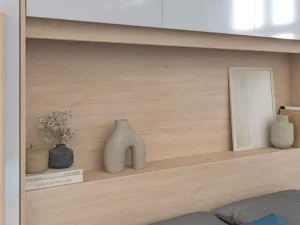 Hot Brugkast Met Opbergruimte - Met Ledverlichting - L265 Cm - Kleuren: Glanzend Wit En Houtlook - Velona Hoofdeinde En Brugkast