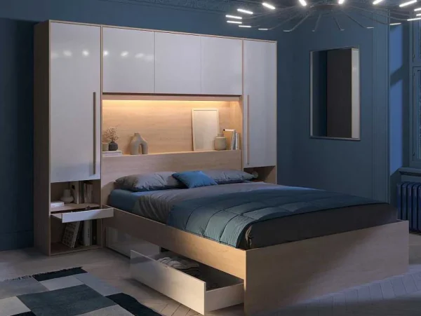Hot Brugkast Met Opbergruimte - Met Ledverlichting - L265 Cm - Kleuren: Glanzend Wit En Houtlook - Velona Hoofdeinde En Brugkast
