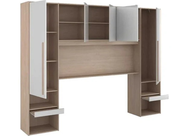 Hot Brugkast Met Opbergruimte - Met Ledverlichting - L265 Cm - Kleuren: Glanzend Wit En Houtlook - Velona Hoofdeinde En Brugkast