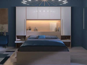 Hot Brugkast Met Opbergruimte - Met Ledverlichting - L265 Cm - Kleuren: Glanzend Wit En Houtlook - Velona Hoofdeinde En Brugkast