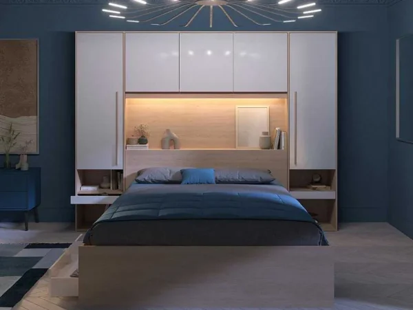 Hot Brugkast Met Opbergruimte - Met Ledverlichting - L265 Cm - Kleuren: Glanzend Wit En Houtlook - Velona Hoofdeinde En Brugkast