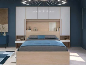 Hot Brugkast Met Opbergruimte - Met Ledverlichting - L265 Cm - Kleuren: Glanzend Wit En Houtlook - Velona Hoofdeinde En Brugkast