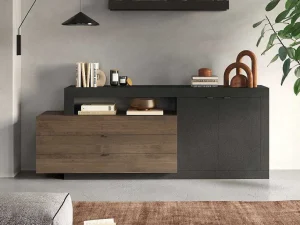 Flash Sale Buffet Met 2 Deuren, 3 Laden En 1 Niche - Donker Natuurlijk En Antraciet - Ruselo Buffetkast