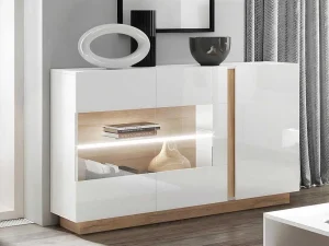 Best Sale Buffetkast Murari - 3 Deuren - Met Ledverlichting - Hoogglans Wit En Eiken Buffetkast