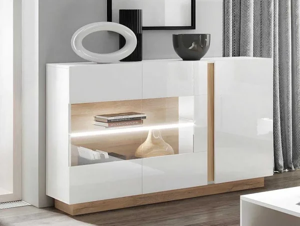 Best Sale Buffetkast Murari - 3 Deuren - Met Ledverlichting - Hoogglans Wit En Eiken Buffetkast