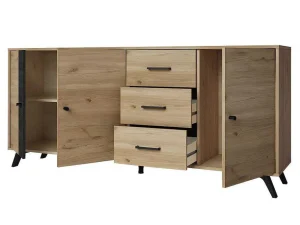 Online Buffetkast Portland - 3 Laden En 3 Deuren - Kleur: Eiken En Zwart Buffetkast