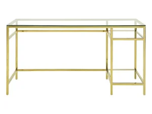 Shop Bureau Met 2 Rekken - Gehard Glas En Staal - Goudkleurig - Tizio - Van Bureaumeubel