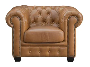 Fashion Chesterfield Fauteuil Brenton 100% Buffelleer - Vintage Caramel Fauteuil Leer