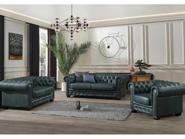 Cheap Chesterfield Zitbank 3 + 2 + 1 Plaatsen Brenton 100% Buffelleer - Spaans Groen Set Zitbank + Fauteuil