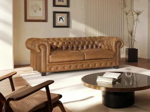 Best Sale Chesterfield 3-Zitsbank Brenton 100% Buffelleer - Vintage Caramel Chesterfield Zitbank