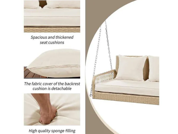 Flash Sale 114 Cm Hangstoel In Pe Rotan - 2 Plaatsen - 11 Cm Gewatteerd Zitkussen - Beige Hangstoel